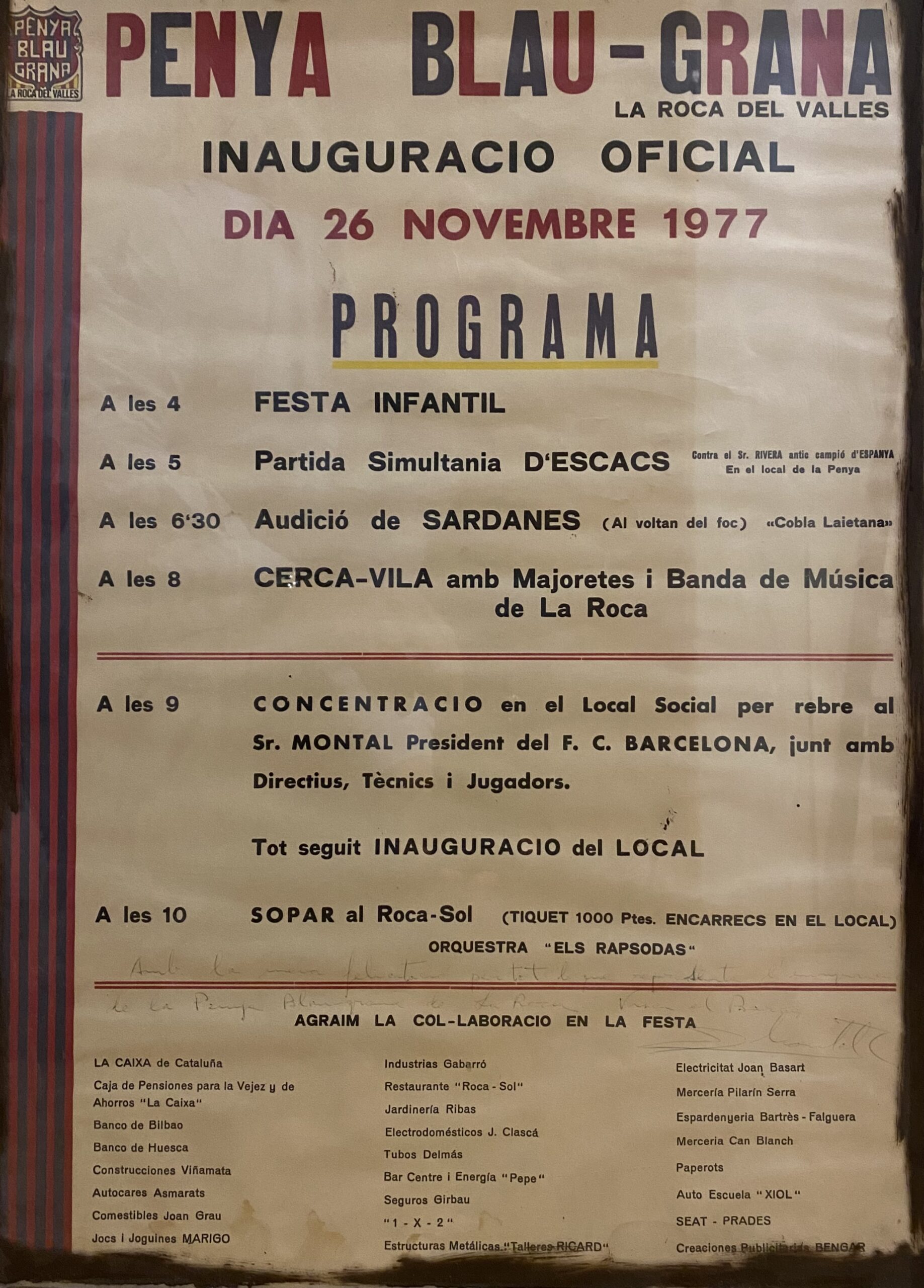 Cartell de la Inauguració Oficial de la Penya Blaugrana La Roca del Vallès, 26 de novembre de 1977